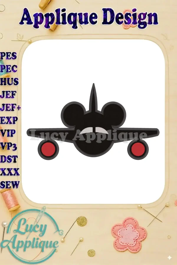 Adorable Mickey Mouse-shaped airplane applique design, perfect for adding a Disney touch to your projects. The design is shown on a white background with various file formats listed.