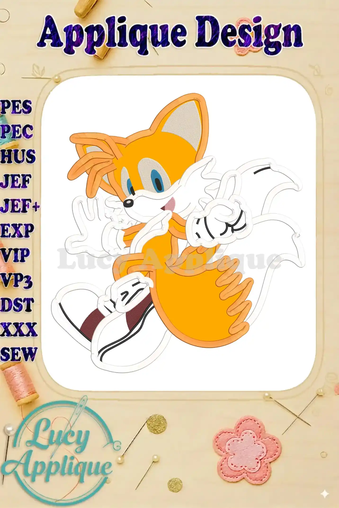 Applique design of Miles Tails Prower from Sonic, showcasing vibrant colors and detailed stitching. Perfect for adding a fun, playful touch to your projects.