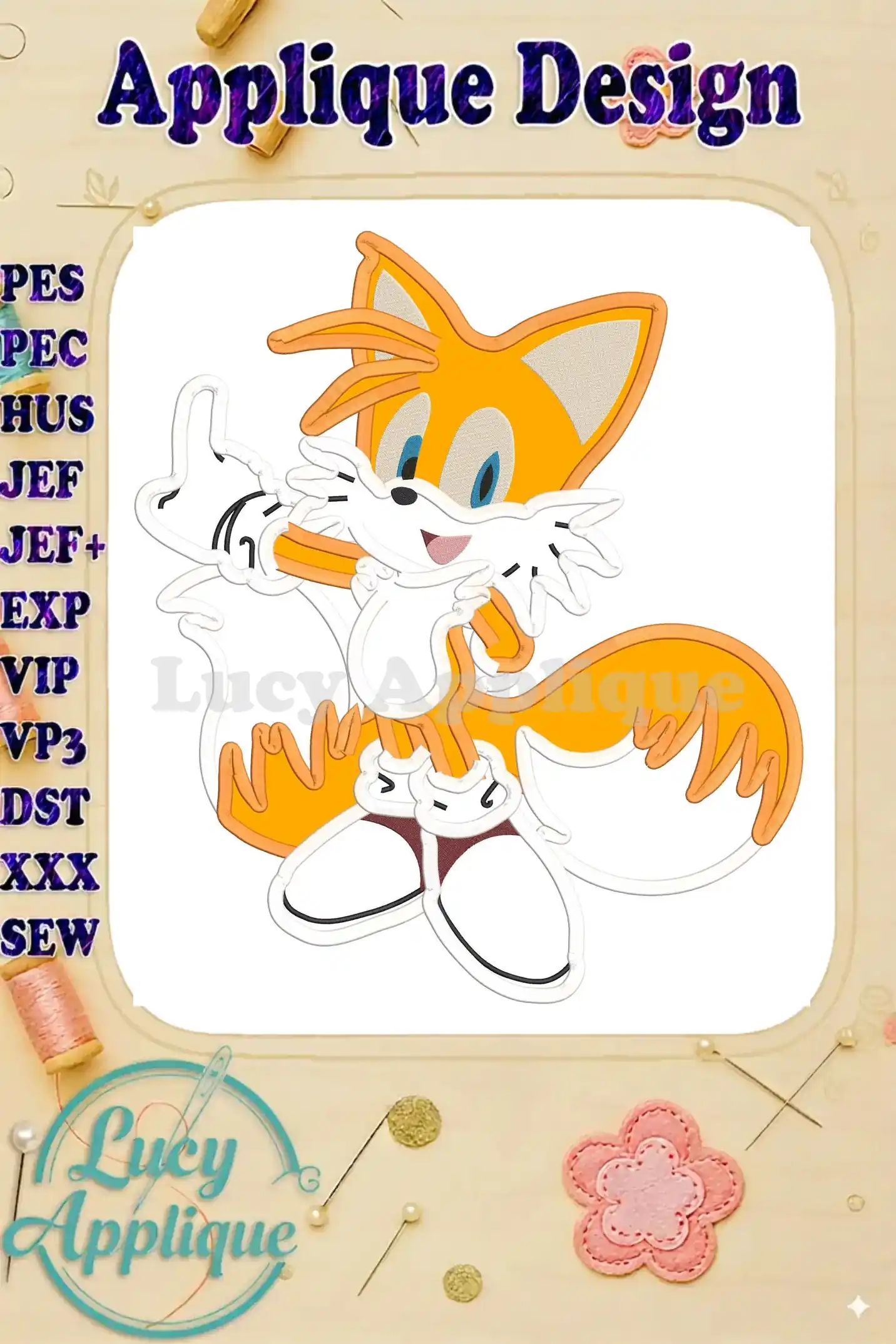 Applique design of Miles Tails Prower from Sonic, giving a playful hand gesture. The design is presented on a white background with design specs listed.