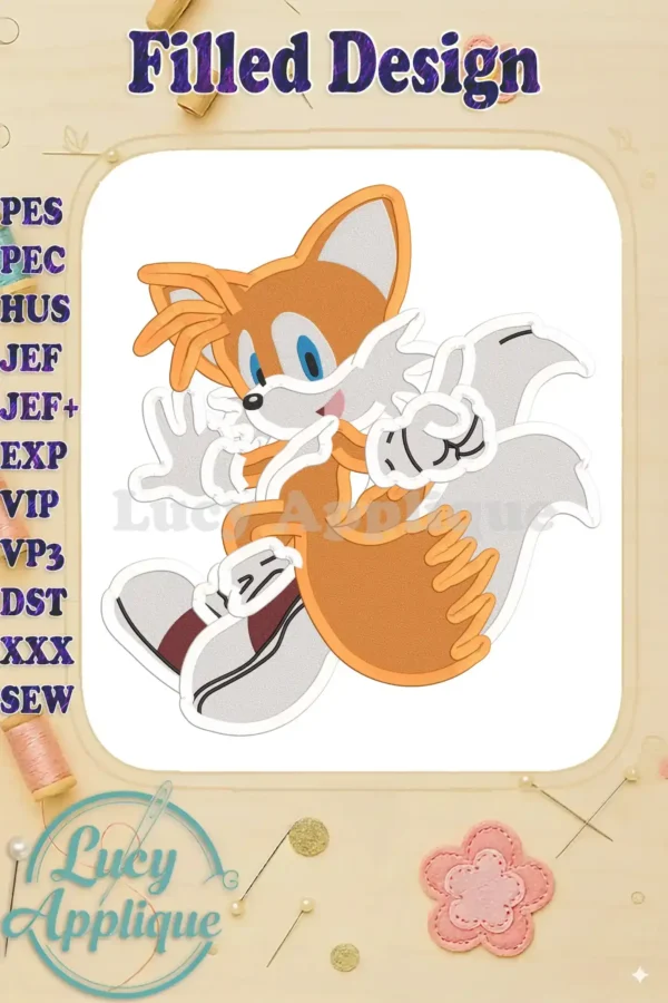 Embroidery design of Miles Tails Prower from Sonic, showcasing vibrant colors and detailed stitching. Perfect for adding a fun touch to any project.