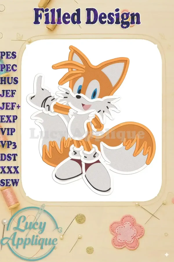 Embroidery design of Miles Tails Prower from Sonic, showcasing a filled design style. The character is depicted in a playful pose, with vibrant colors.