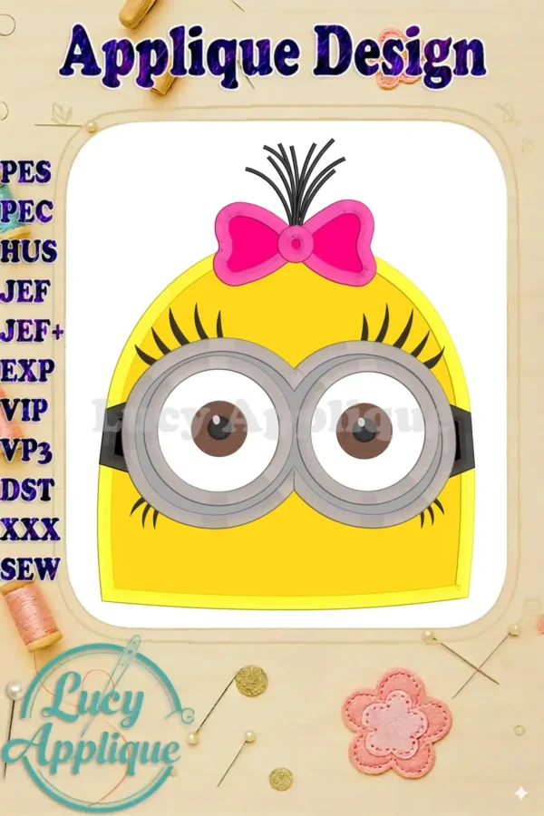 Minion girl applique embroidery design. Yellow Minion head with pink bow, detailed eyes. Various file formats included.