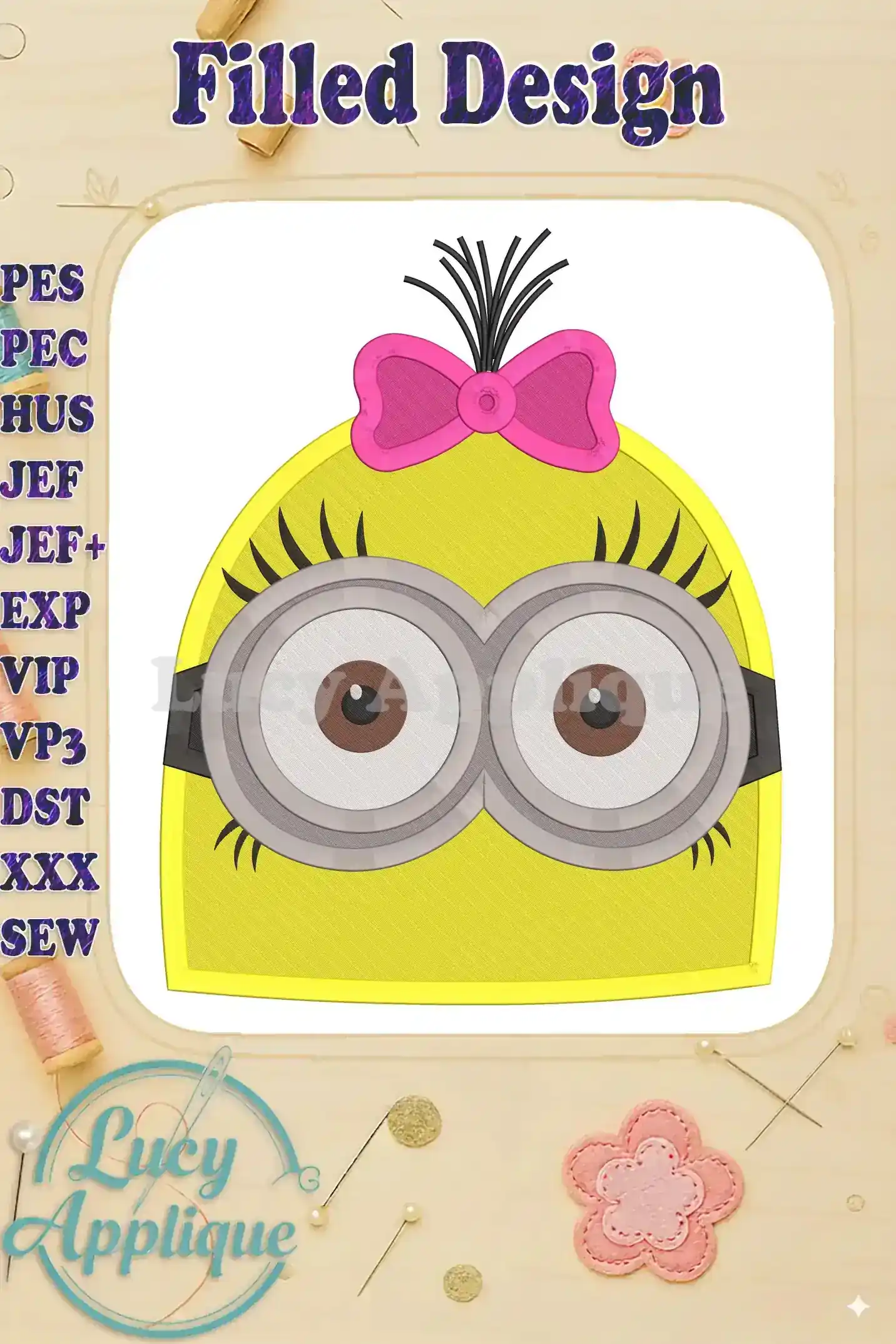 A charming filled embroidery design of a Minion girl's head, wearing a pink bow. Perfect for adding a fun touch to your projects.