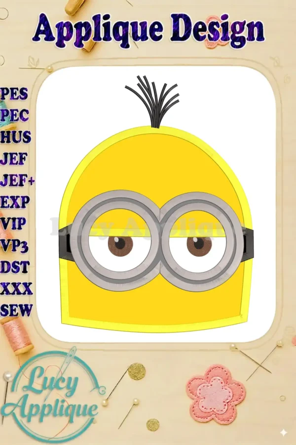 A charming applique design of a Minion's head, ready to be stitched. The image showcases the design's details and various file formats supported.