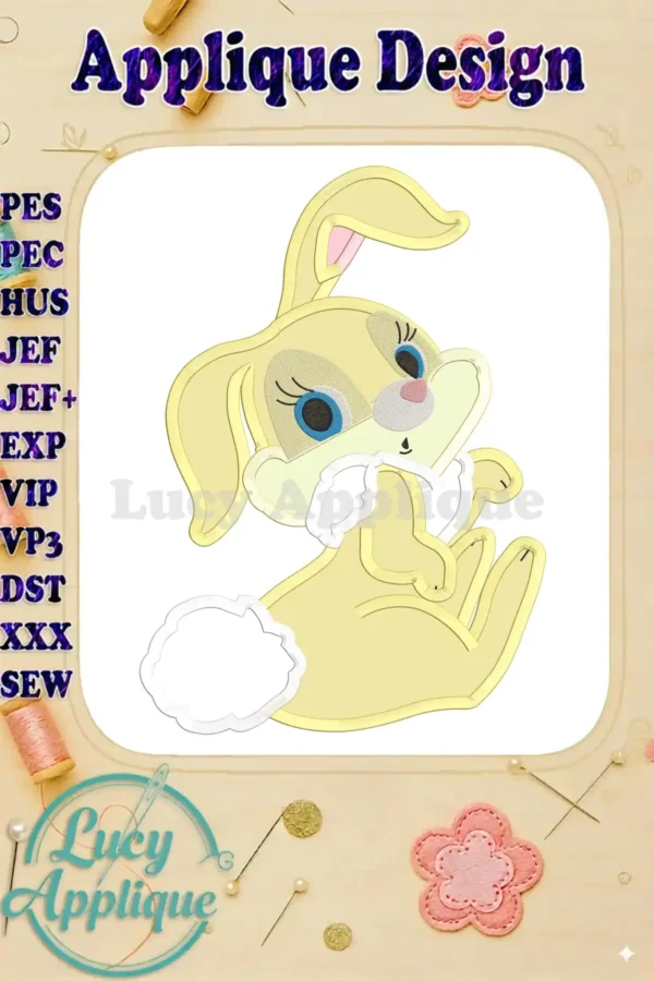 Adorable applique design featuring Miss Bunny Bambi, a sweet bunny rabbit in a light yellow color. The design is suitable for embroidery projects.