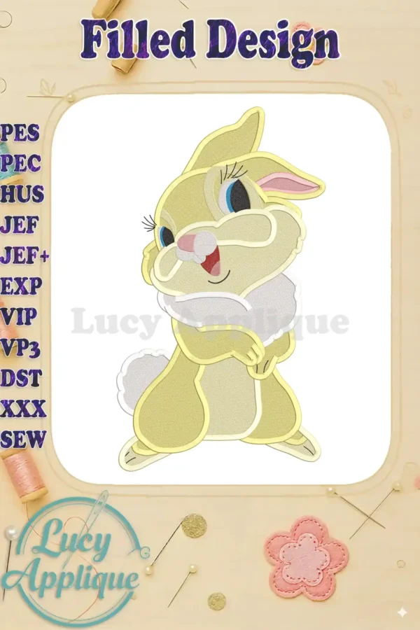 Embroidery design of Miss Bunny Bambi, a cute cartoon bunny in a filled stitch style, shown in a pale yellow color on a white background. The design is shown within a decorative frame.