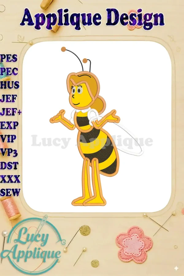 Main image showcasing the Miss Cassandra Maya the Bee applique design, ready to be stitched. Various embroidery file formats are listed.