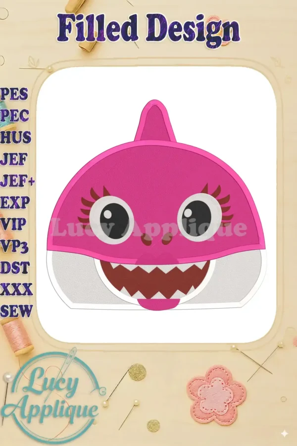 Adorable Mommy Shark head fill machine embroidery design. Pink and white color scheme. Perfect for adding to kids' clothing or accessories.