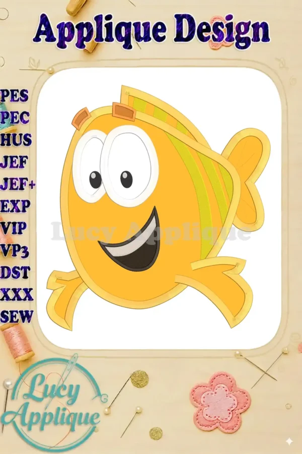 Embroidery design of Mr. Grouper from Bubble Guppies, shown as an applique. Includes various file formats like PES, PEC, HUS, JEF, JEF