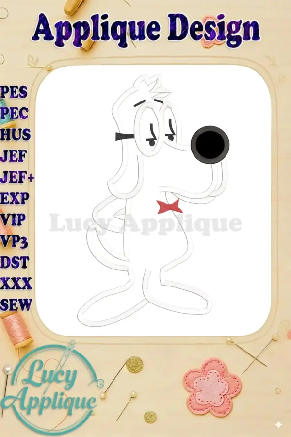 Line art applique design of Mr. Peabody from the cartoon, Mr. Peabody & Sherman. The design is white with a red bow tie and is ready to be stitched.