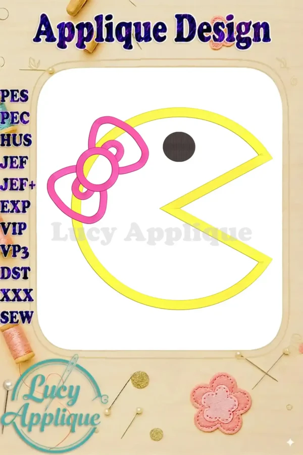 Main image showcasing the Ms. Pac-Man applique embroidery design, featuring a yellow Ms. Pac-Man with a pink bow, ready to be stitched.