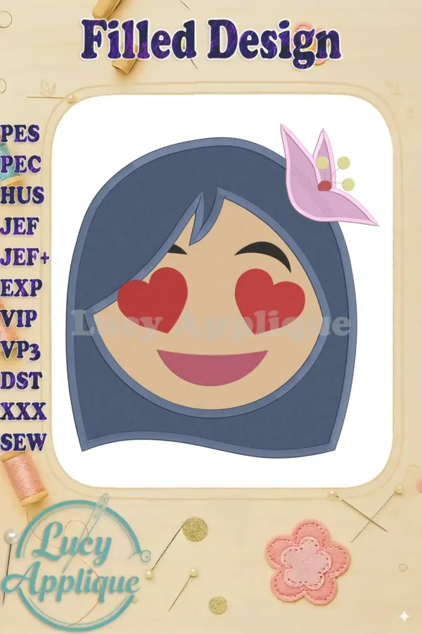 Mulan emoji fill embroidery design with hearts for eyes and a flower, ready to stitch. Includes various file formats for different machines.