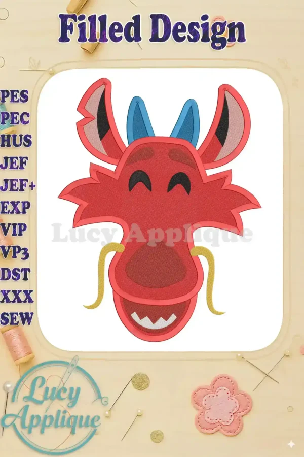 Embroidery design of Mushu from Mulan as a filled emoji. The design is predominantly red with blue accents and a cheerful expression. This image showcases the completed design.