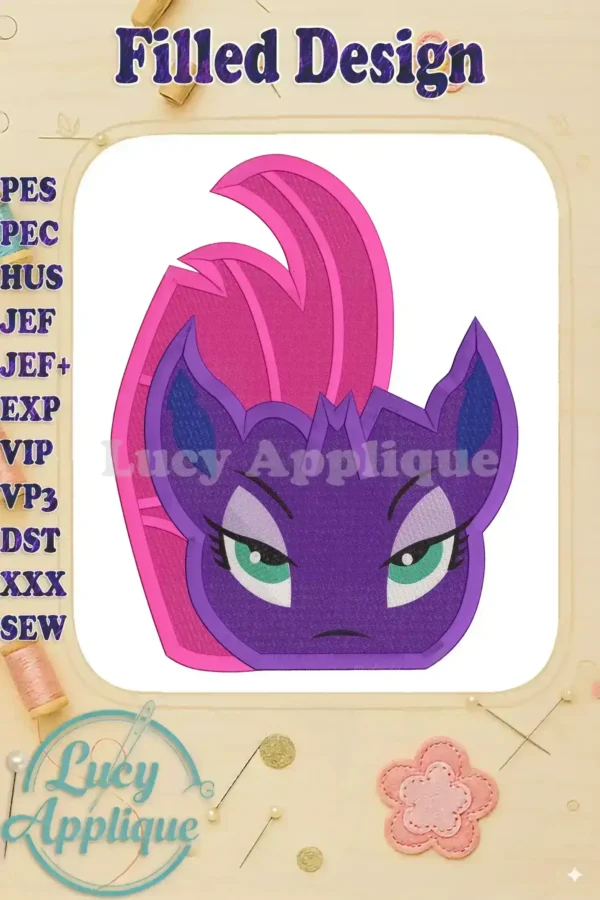 Embroidery design of Tempest Shadow's head from My Little Pony, showcasing vibrant colors and detailed features, ready to stitch.
