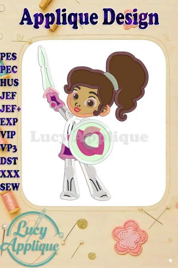 Embroidery design of Nella the Princess Knight, a cartoon girl in a knight costume with a sword and shield, ready to be stitched. The image showcases the final design.