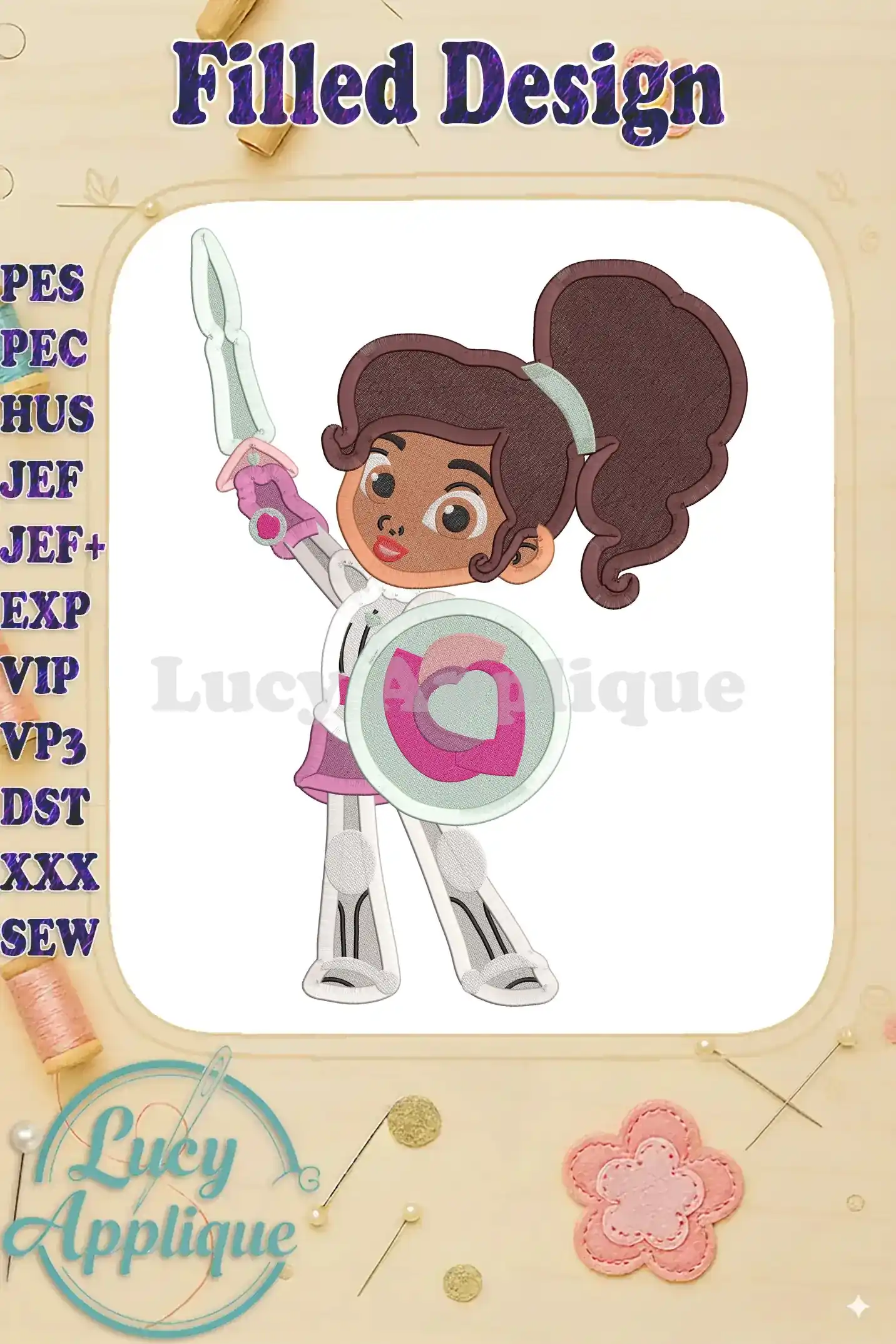 Main image showcasing the completed Nella the Princess Knight filled embroidery design. The design features Nella in her knight attire, holding a sword and shield.