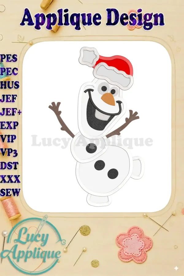 Adorable Olaf from Disney's Frozen wearing a Santa hat, ready for the holidays. This applique design is perfect for adding a festive touch to your projects.