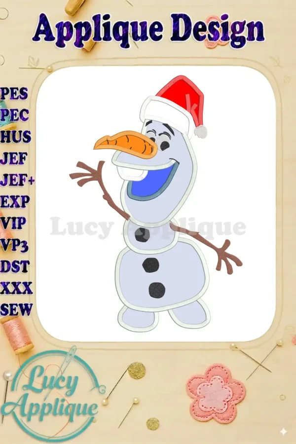 Adorable Olaf from Frozen wearing a Santa hat, waving happily. This applique design is perfect for adding a festive touch to your projects.