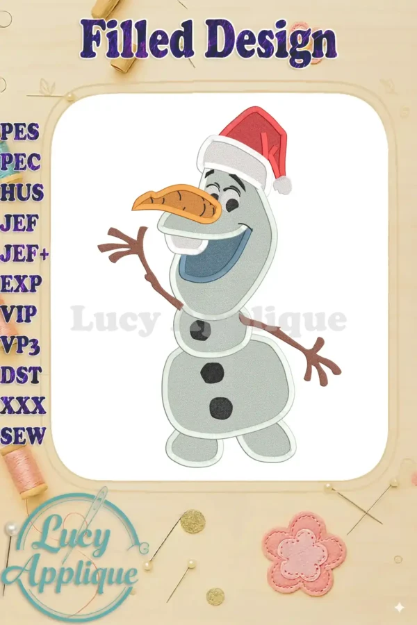 A charming filled embroidery design of Olaf from Disney's Frozen wearing a Santa hat, perfect for festive projects. The design showcases detailed stitching and is ready to download.