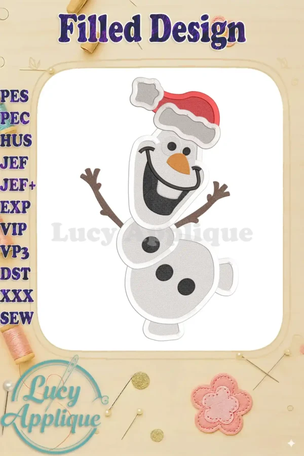 Embroidery design of Olaf from Frozen wearing a Santa hat. The design is in filled stitch, suitable for various fabrics and projects. Perfect for Christmas themed crafts.