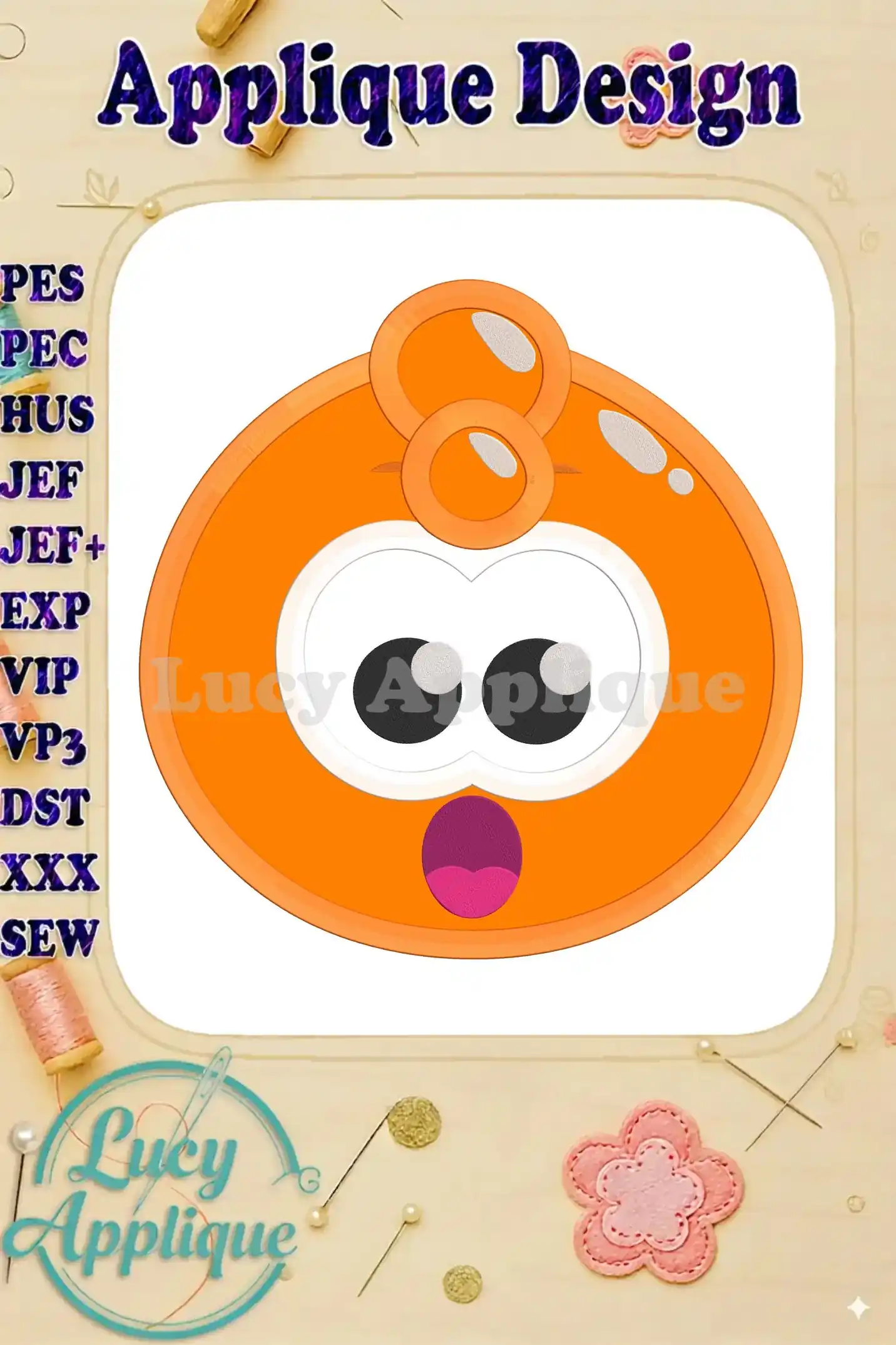 Orange Jelly Applique Embroidery Design main image showcasing a cute, cartoonish orange jelly character with big eyes and a surprised expression, ready to be stitched.