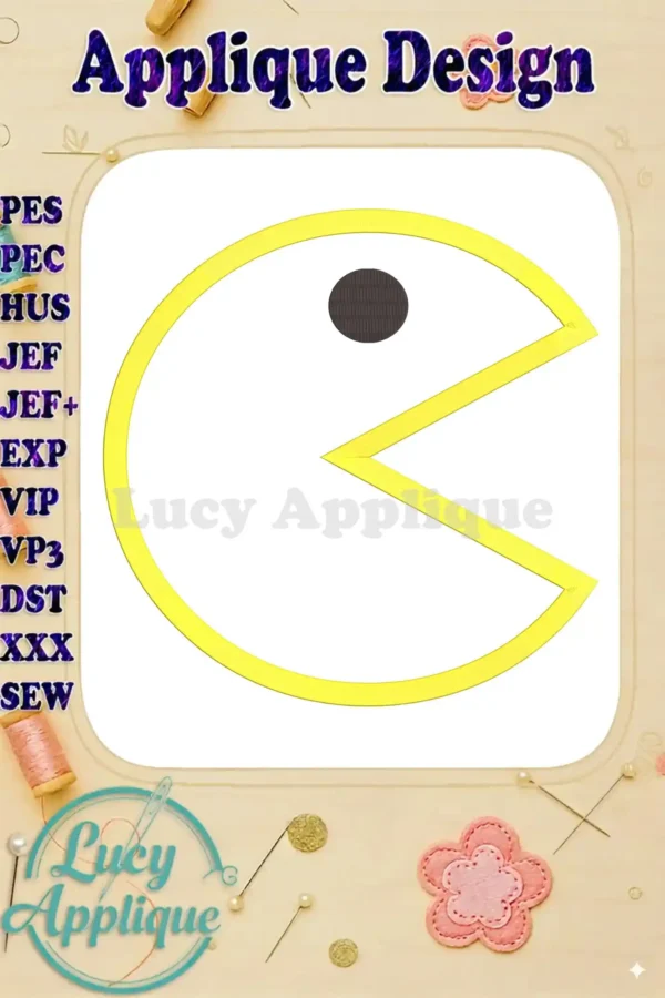 Pac-Man applique embroidery design in yellow, showcasing the outline stitch and applique technique. Includes various file formats for different embroidery machines.