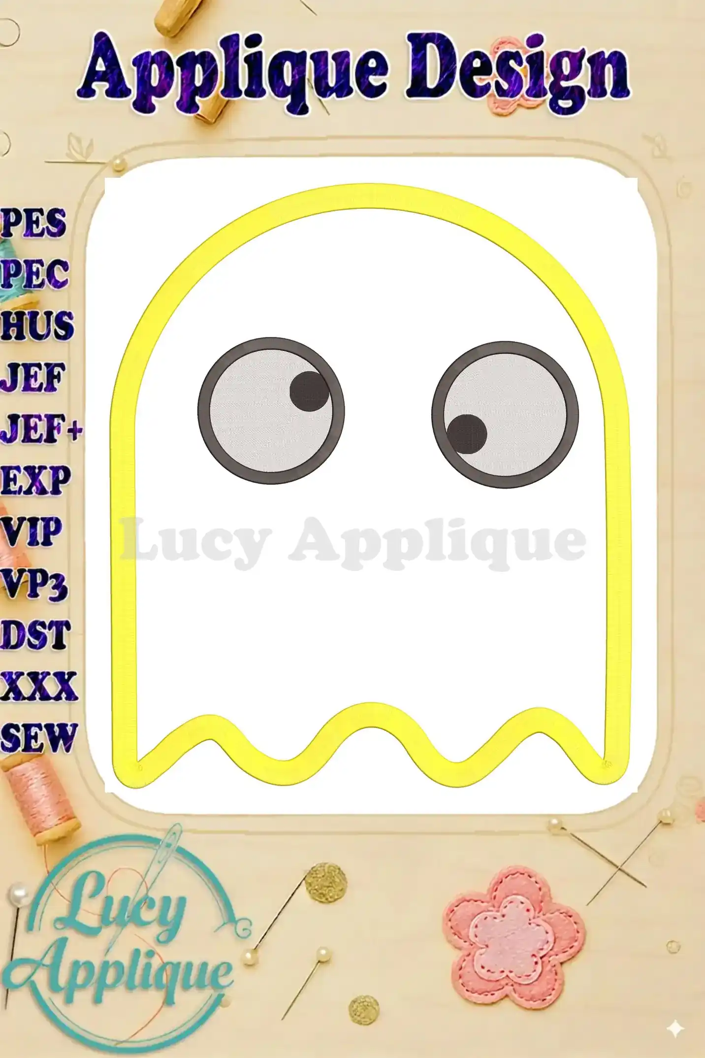 Pac-Man ghost applique embroidery design in yellow, with large eyes. The design is shown on a white background with embellishments.