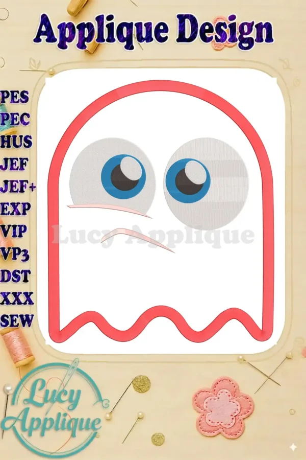Pac-Man ghost applique embroidery design in red and blue. The design is shown on a white background with decorative elements.