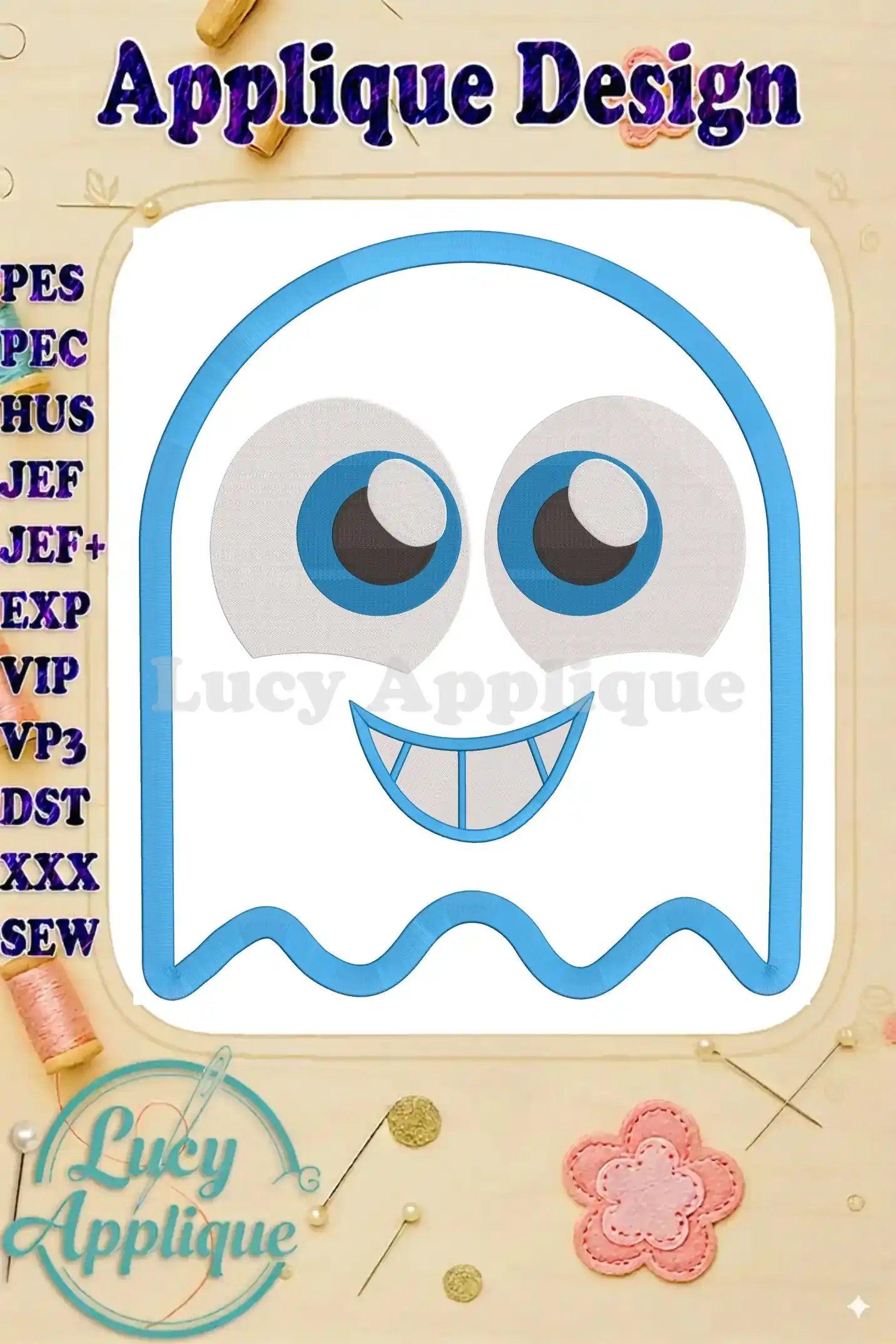 Pac-Man ghost applique embroidery design. Cute, playful ghost with light blue outline and white eyes. Perfect for adding a fun touch to your projects.