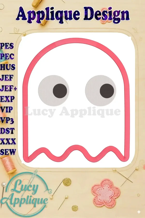 Pac-Man ghost applique embroidery design in pink. Includes various file formats like PES, HUS, JEF, JEF