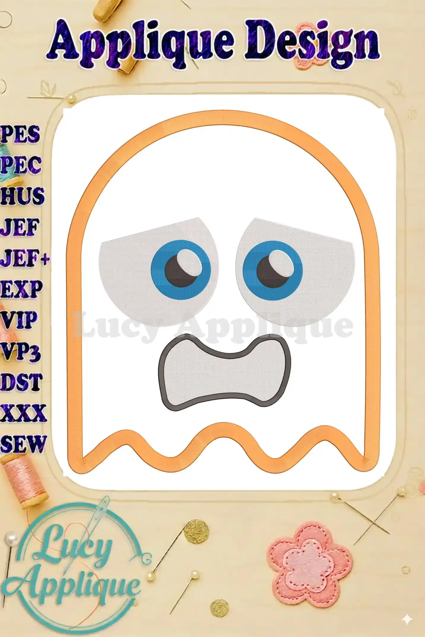 A charming Pac-Man ghost applique embroidery design, showcasing a scared expression with big, teary eyes. The design is presented on a white background with decorative elements.