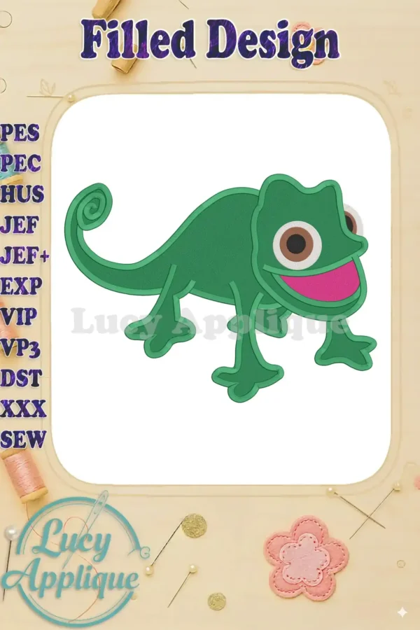 Pascal the chameleon from Tangled, depicted in a filled machine embroidery design, shown on a white background with colored thread details.