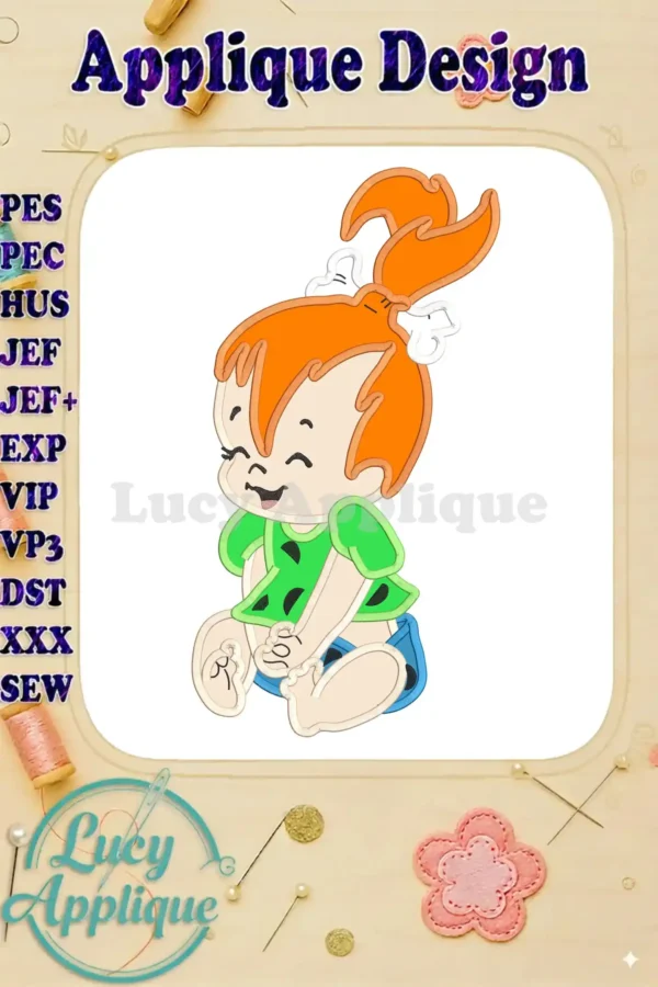 Embroidery design of Pebbles Flintstone, sitting and smiling. The design includes detailed features and is presented against a white background with sewing notions.