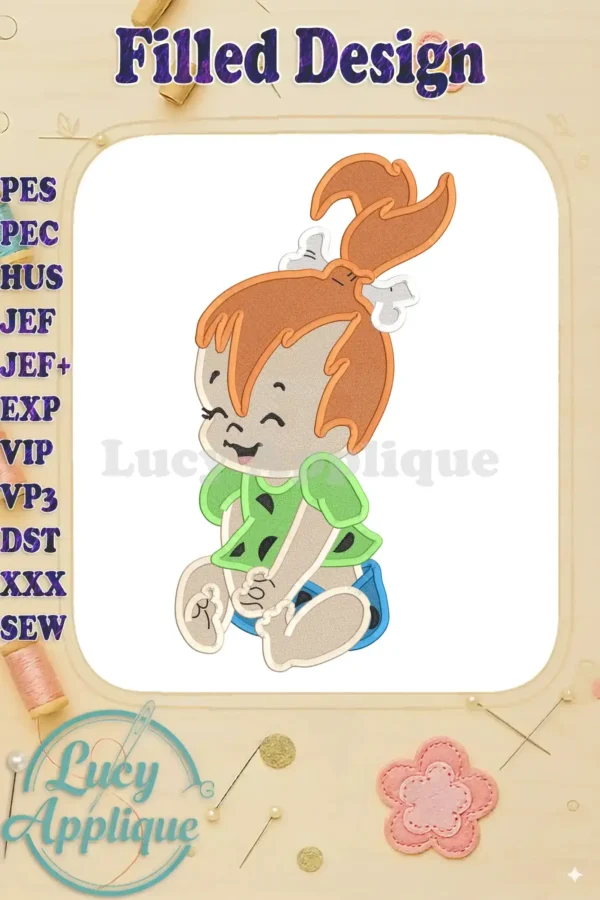 Embroidery design of Pebbles Flintstone, sitting and smiling, in filled stitch. Perfect for adding a fun, whimsical touch to your projects!