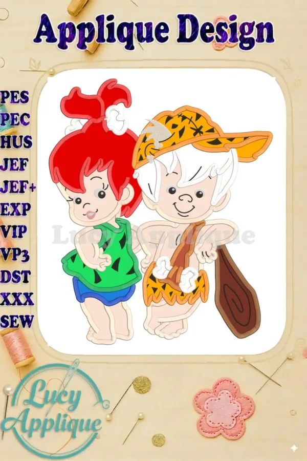 Main image showcasing the Pebbles and Bamm Bamm Flintstones applique embroidery design. The design features the cartoon characters in their signature attire, ready to be stitched.