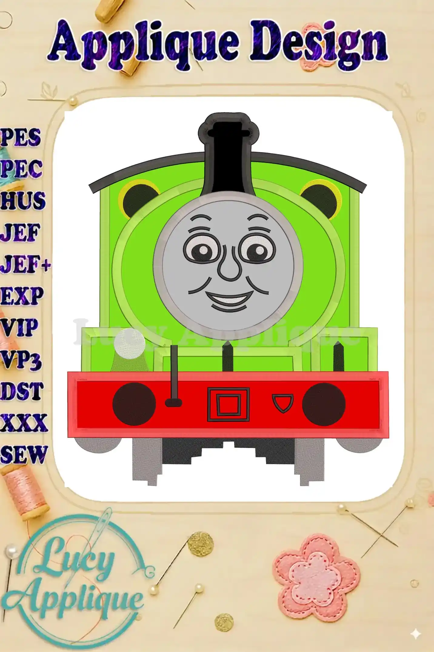 Embroidery design of Percy the Train from Thomas & Friends, shown as a green applique with red details. The design is surrounded by a white border with the words 'Applique Design'.