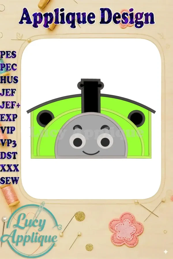 Applique design of Percy the Train from the popular children's show. The design shows Percy's cheerful face and bright green body, ready to be stitched.