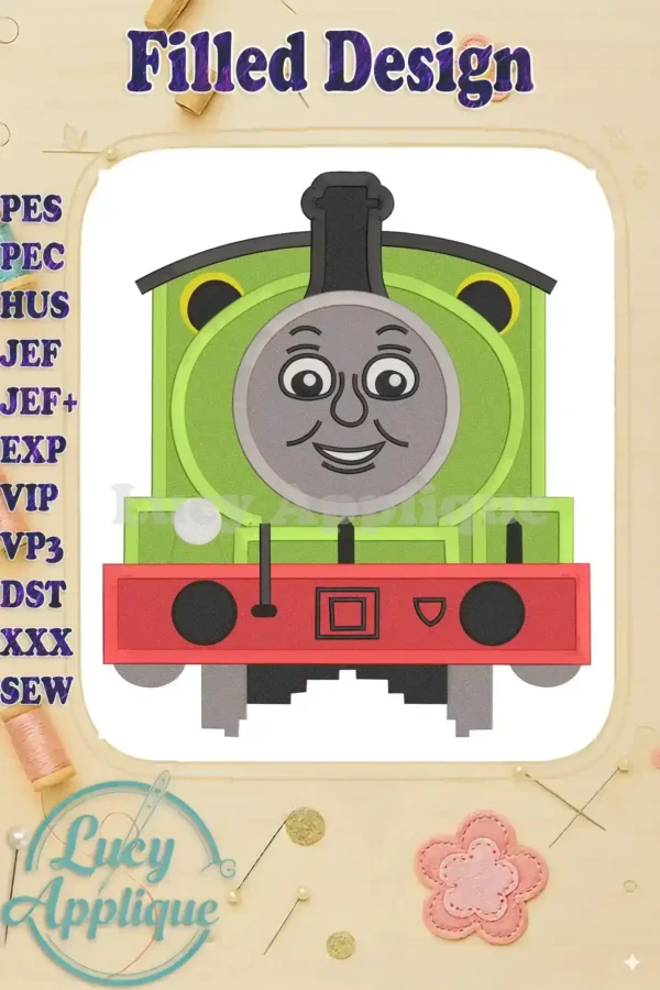 Embroidery design of Percy the Train from Thomas and Friends, showcasing filled stitches in green and red. Perfect for adding to clothing or accessories.