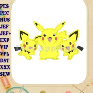 Main image showcasing a delightful applique design featuring Pichu and Pikachu, ready to be stitched. Includes a color chart and detailed instructions.