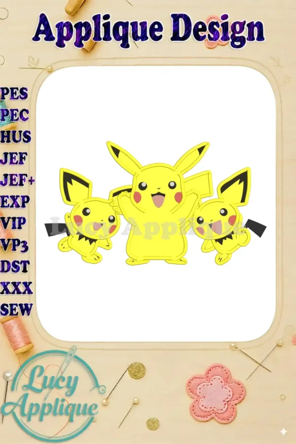 Main image showcasing a delightful applique design featuring Pichu and Pikachu, ready to be stitched. Includes a color chart and detailed instructions.