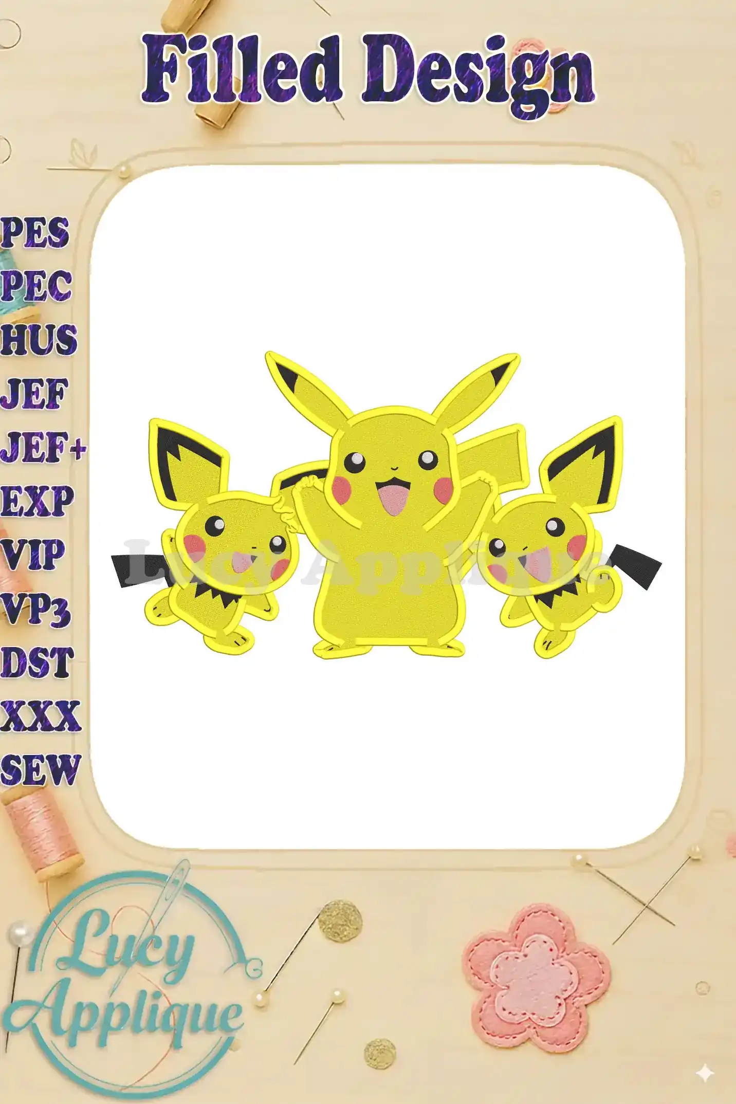 Embroidery design featuring Pichu and Pikachu. The design showcases three characters in a filled stitch style, suitable for various projects.