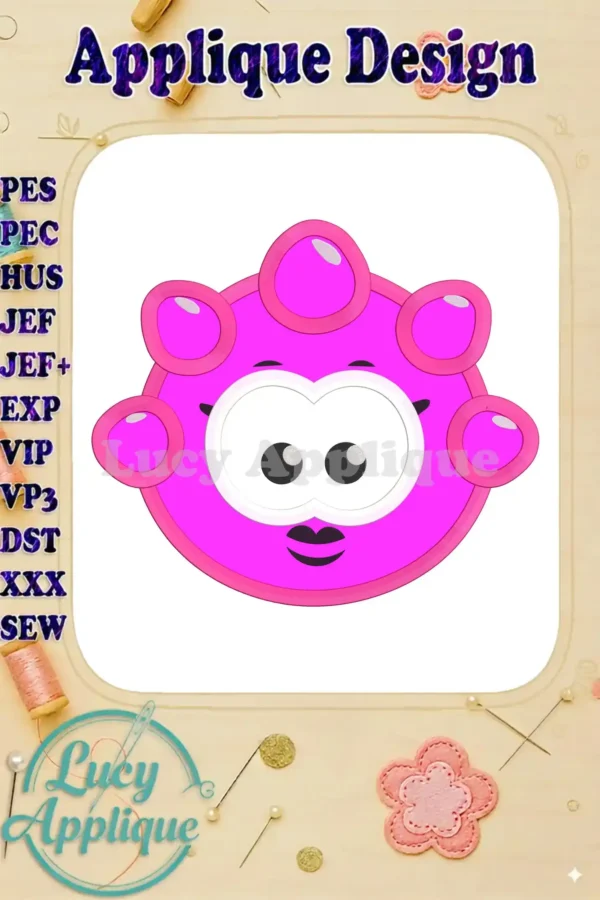 Pink Jelly Appliqué embroidery design showcasing a cute pink character with large eyes and round pink accents on a white background. Various file formats are listed.
