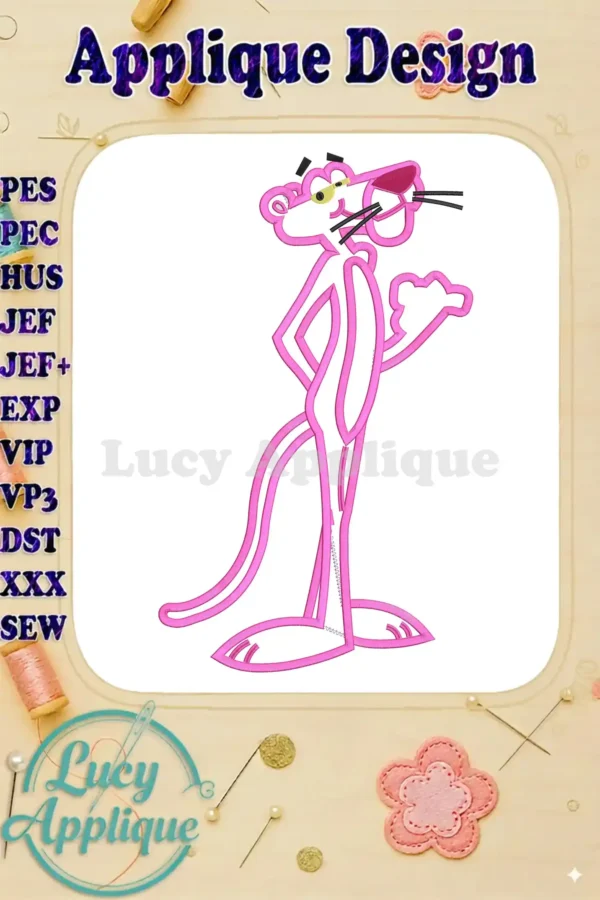 Pink Panther applique embroidery design, showcasing the character in a standing pose. The design is outlined in pink thread, ready to be stitched.
