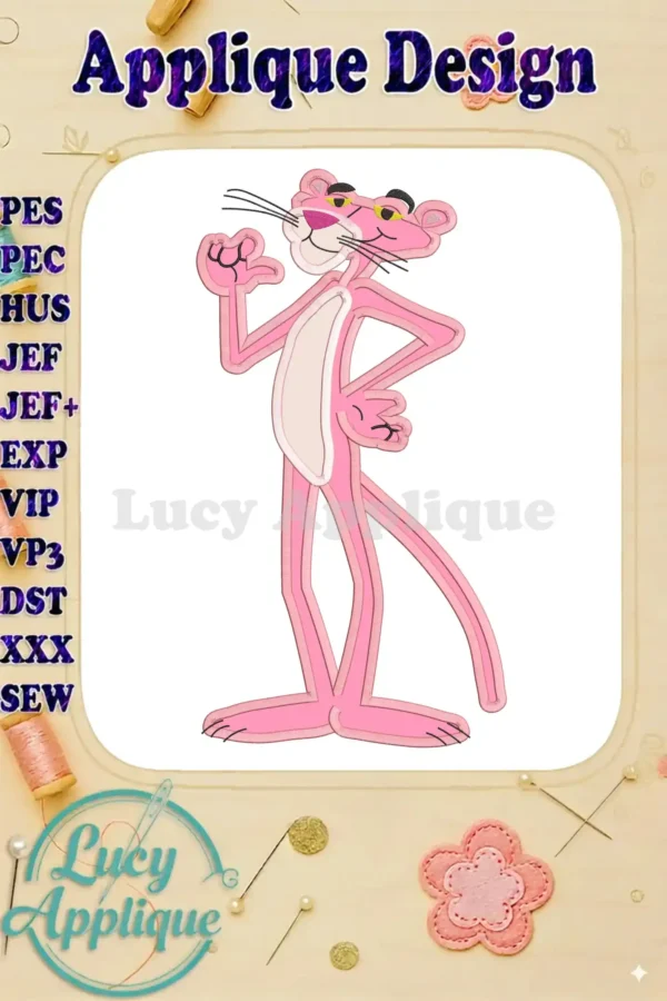 Pink Panther applique embroidery design in pink, shown with various file formats listed. Perfect for adding a touch of vintage cartoon charm to your projects.