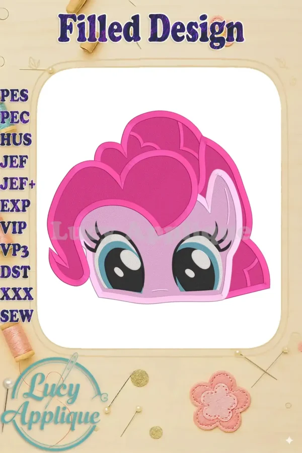 Pinkie Pie from My Little Pony as a filled machine embroidery design. The image shows the finished design on a white background, surrounded by decorative elements.
