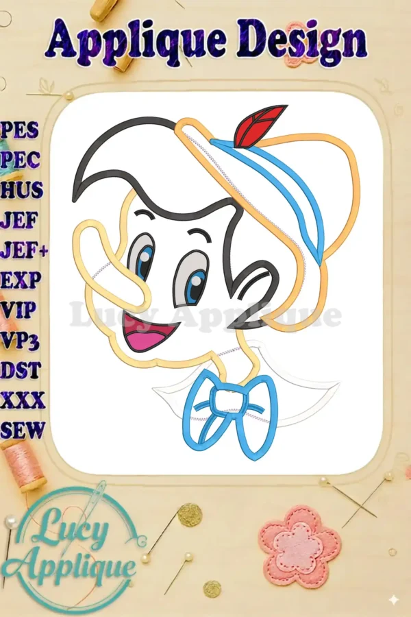 Pinocchio applique embroidery design showcasing a cheerful Pinocchio character with a blue bow tie, detailed stitching, and applique elements.