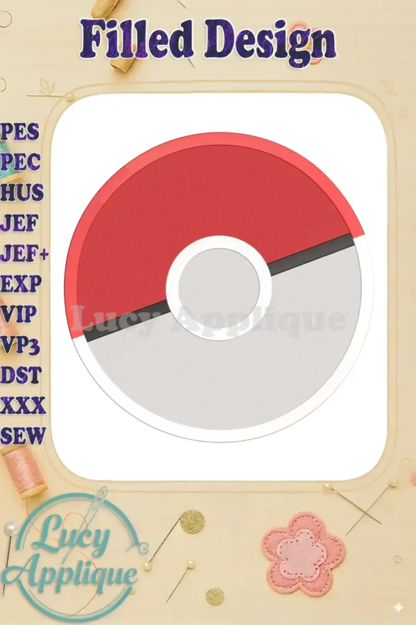 Embroidery design of a filled Poké Ball, showcasing vibrant red and white colors. The design is shown on a wooden background with embroidery supplies.