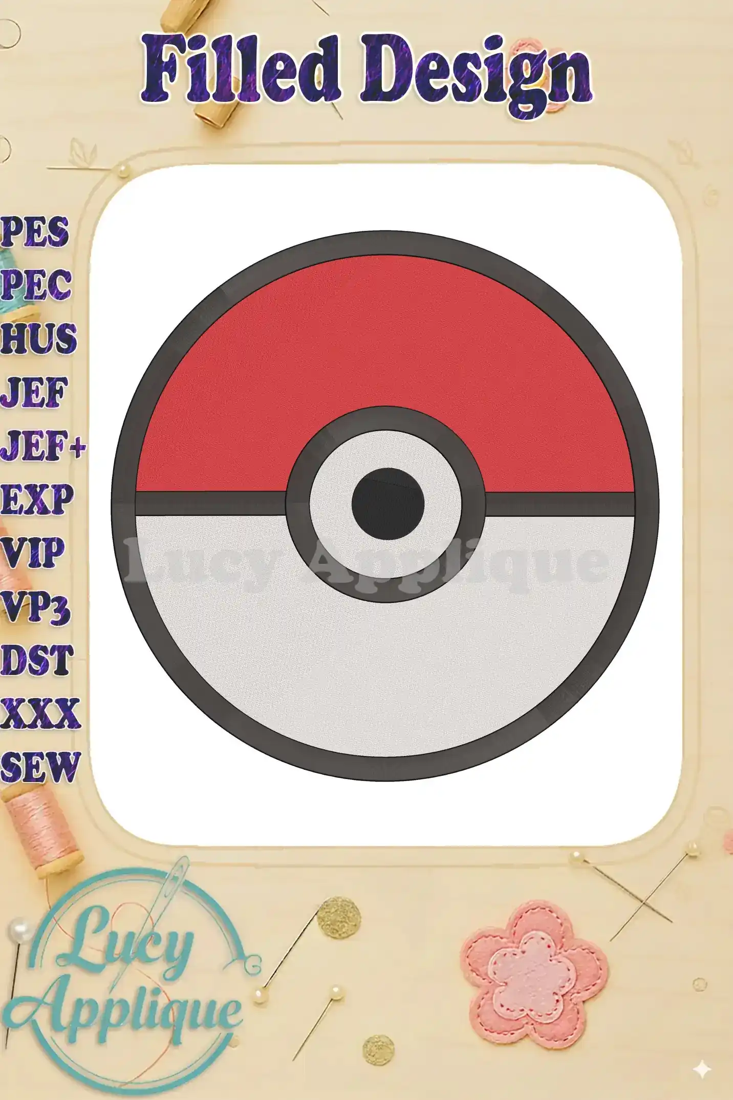 Embroidery design of a Pokeball, filled stitch, red and white colors. Perfect for adding a touch of pop culture to your projects!