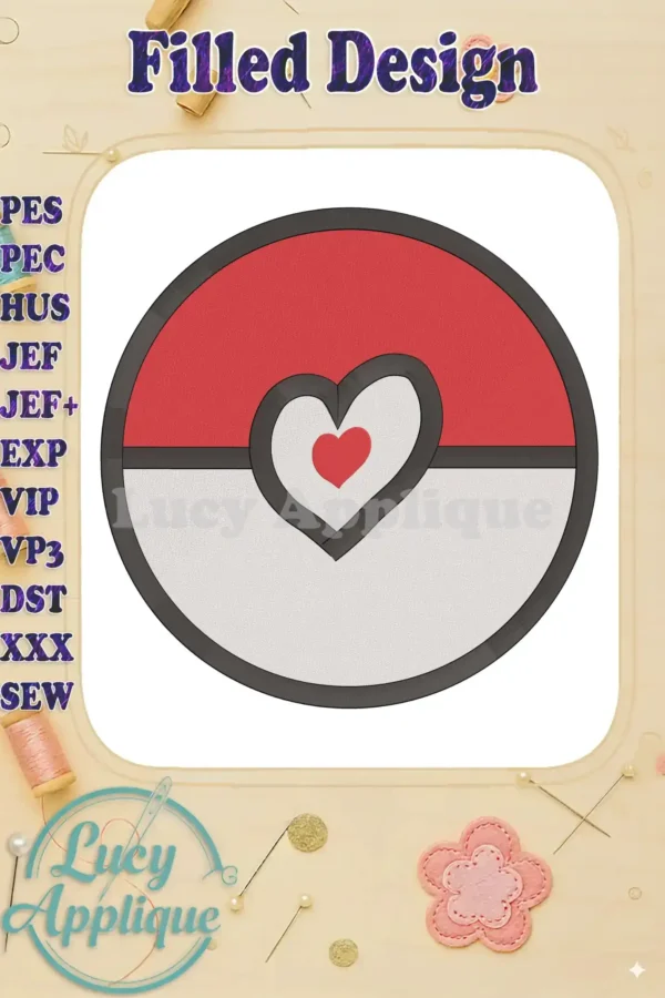Embroidery design of a Pokeball with a heart in the center. The design is predominantly red and white, with grey accents. Perfect for adding a cute, geeky touch to your creations!