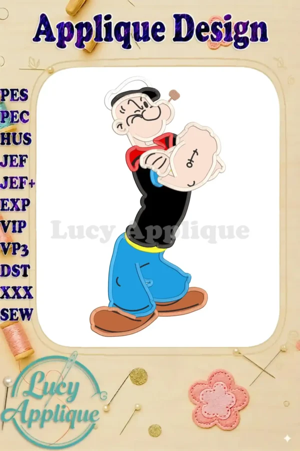 Popeye applique embroidery design showcasing the main design in multiple formats. Perfect for sewing projects needing a nautical theme.